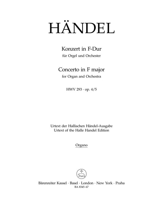 Concerto For Organ And Orchestra In F Major Op. 4/5 Hwv 293