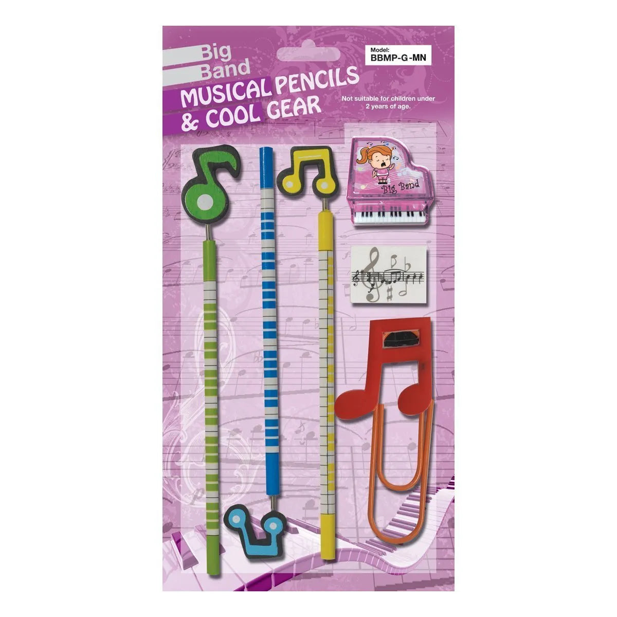 Big Band Musical Note Pencil Set with Sharpener, Eraser, and Clip - Pink