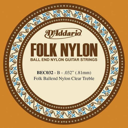 D'Addario BEC032 Folk Nylon Guitar Single String, Clear Nylon, Ball End, .032