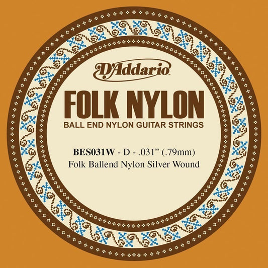 D'Addario BES031W Folk Nylon Guitar Single String, Silver Wound, Ball End, .031