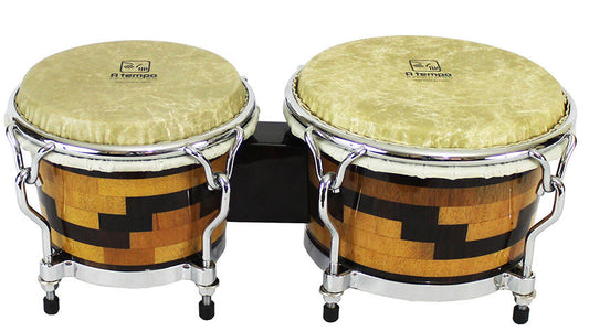 A Tempo Artesano Bongos 7 & 8-1/2" in Escalando Pattern, Hand-made in Peru, Mohena & Peruvian Walnut, Remo Fiberskyn 3 heads