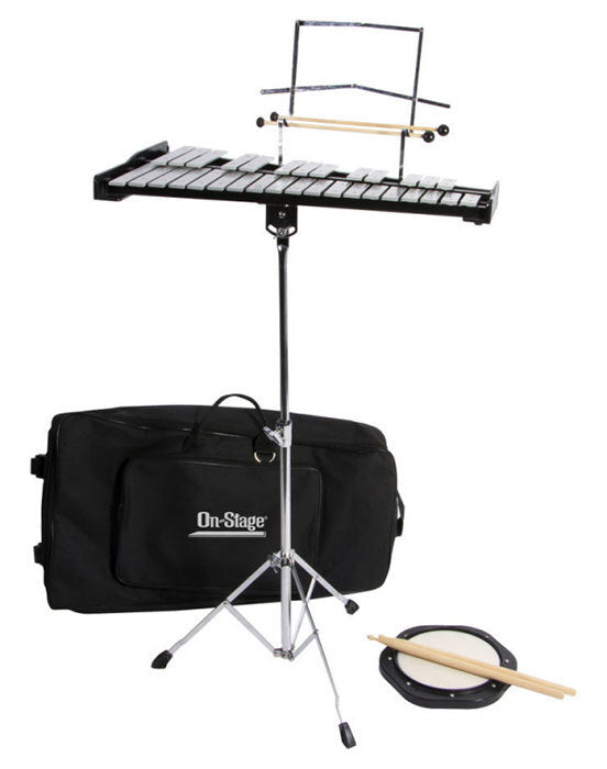 On Stage BSK2500 Bell Kit with Adjustable Stand, Practice Pad, Drumsticks, Double-Sided Mallets, and Carry Bag
