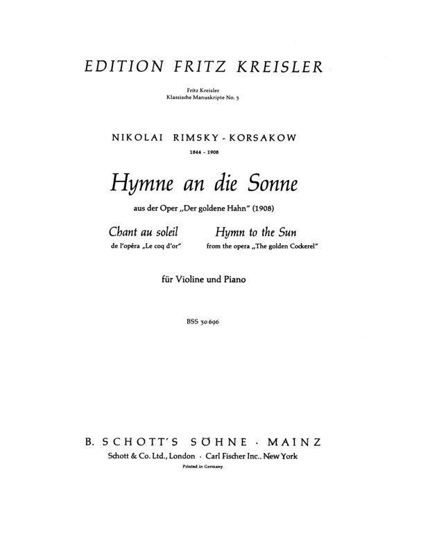 Hymn to the Sun for Violin and Piano Arranged by Fritz Kreisler