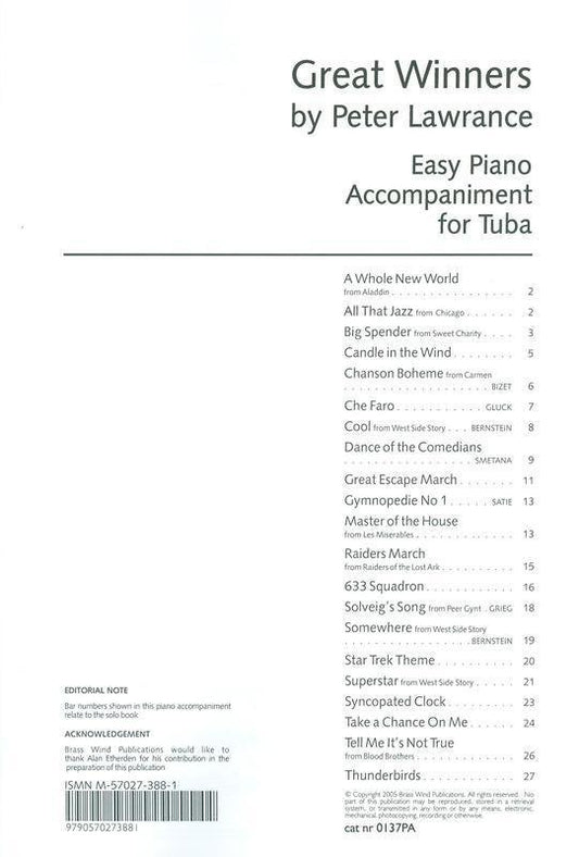 Great Winners for Tuba, arr. Peter Lawrance — Piano Accompaniment (Brass Wind Publications)