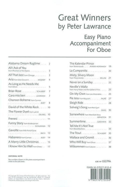 Great Winners for Oboe, arr. Peter Lawrance — Piano Accompaniment (Brass Wind Publications)