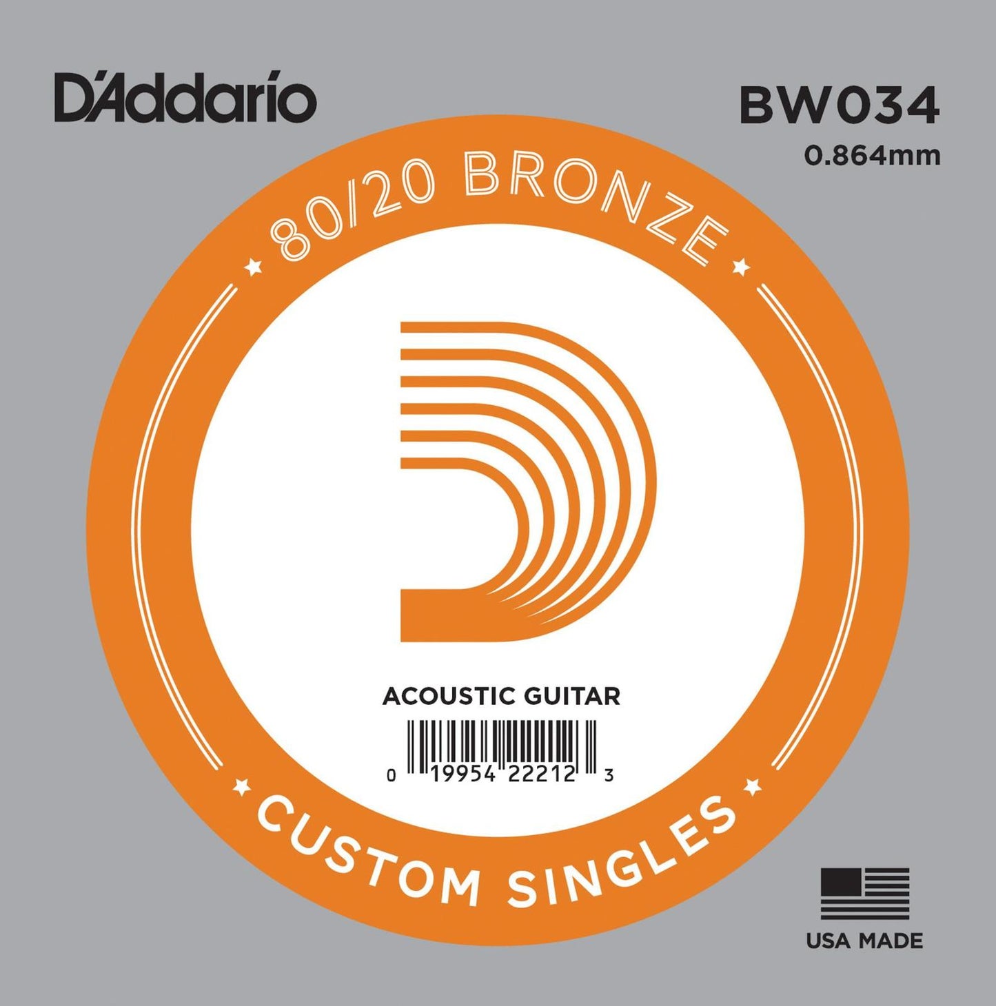 D'Addario BW034 Bronze Wound Acoustic Guitar Single String, .034