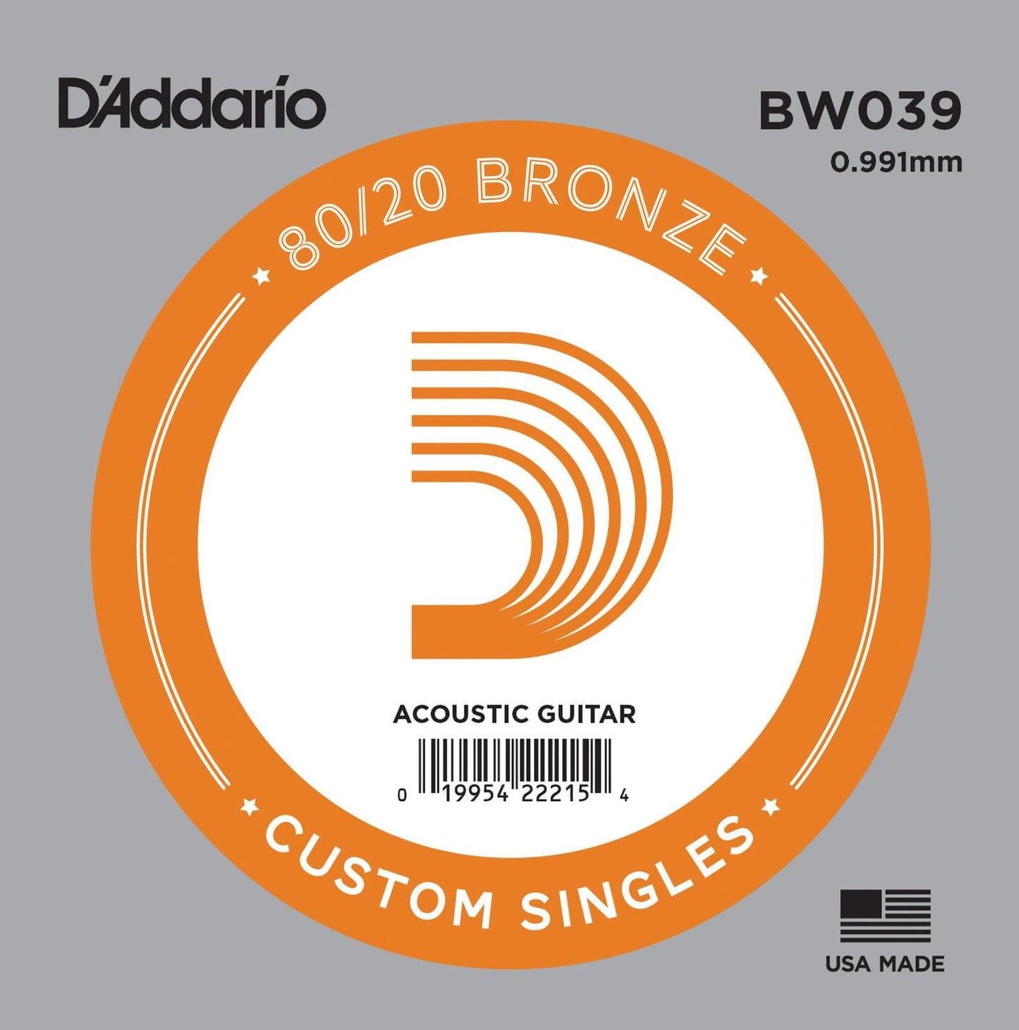 D'Addario BW039 Bronze Wound Acoustic Guitar Single String, .039