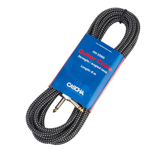 Cascha 20ft Instrument Cable with 1/4" Straight & Right-Angled Plug, Black Tweed, Gold-Plated Tip, Shielded Copper, Durable & Flexible