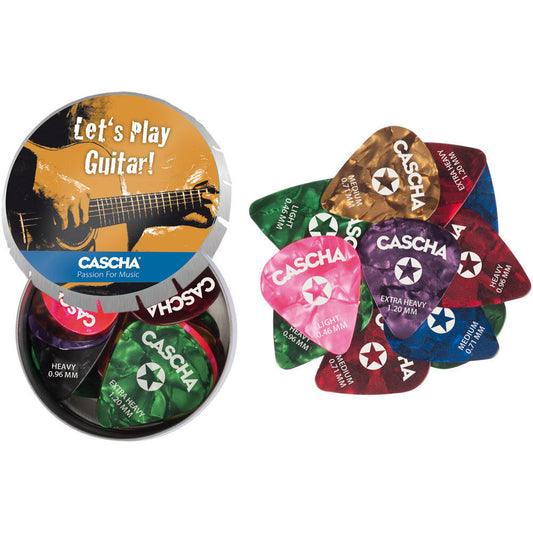 Cascha Metal Tin of 24 Assorted Celluloid Guitar Picks - Light, Medium, Heavy, Extra Heavy