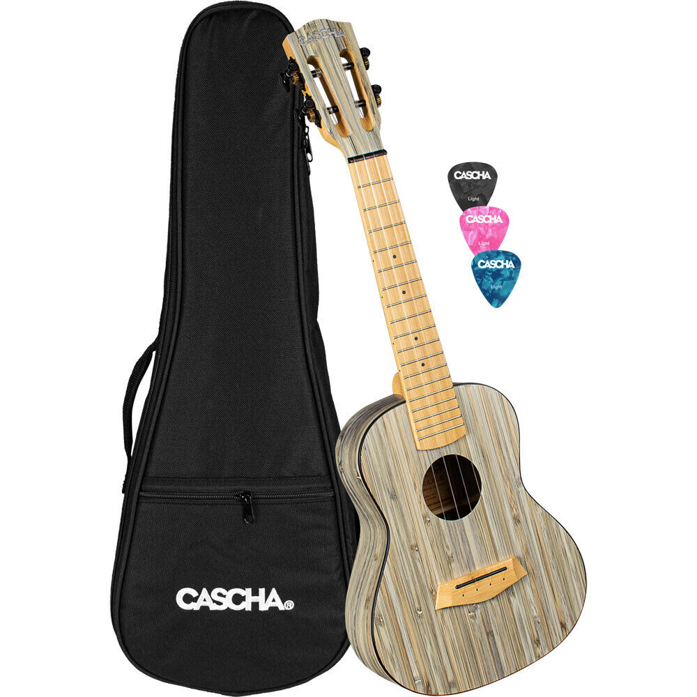 Cascha Bamboo Concert Ukulele with Graphite Finish, 10mm Padded Carry Bag, 3 Picks, 23" Size, Solid Bamboo Body, Satin Matt Finish