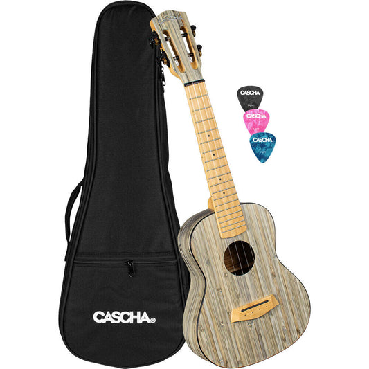Cascha Bamboo Concert Ukulele with Graphite Finish, 10mm Padded Carry Bag, 3 Picks, 23" Size, Solid Bamboo Body, Satin Matt Finish