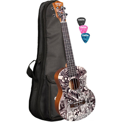 Cascha Art Series Sketch Tenor Ukulele with Solid Spruce Top, Mahogany Body, Rosewood Fingerboard, Aquila Strings, Carry Bag, and Picks