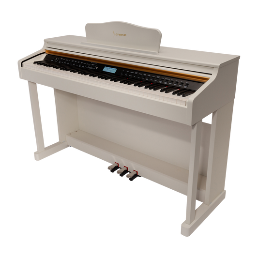Crown CDP-913-WHT 88-Key Weighted Upright Digital Piano with French Dream Sound Engine, 600 Tones, 200 Rhythms, USB Connectivity