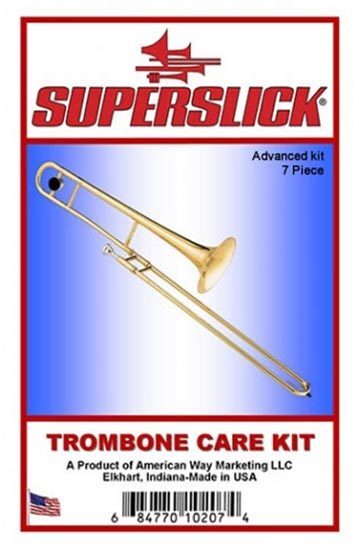 Superslick Trombone Care Kit with Polish Cloth, Slide Cream, Tuning Slide Grease, Silicone Plus, Cleaning Snake, and Mouthpiece Brush