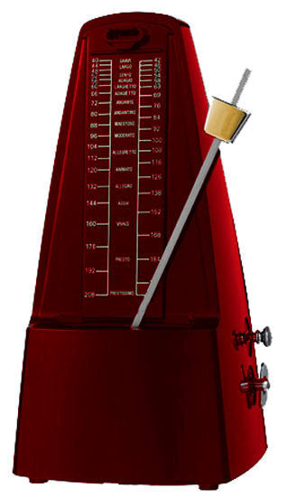 Cherry Metronome with Metal Mechanism and Bell in Red Plastic Casing, Full Size Model, 40-208 BPM, Dimensions 205mm x 103mm x 118mm
