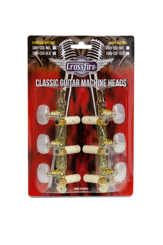 Crossfire Classical Guitar Machine Head Set - Gold Plated Tuners with Oval Buttons