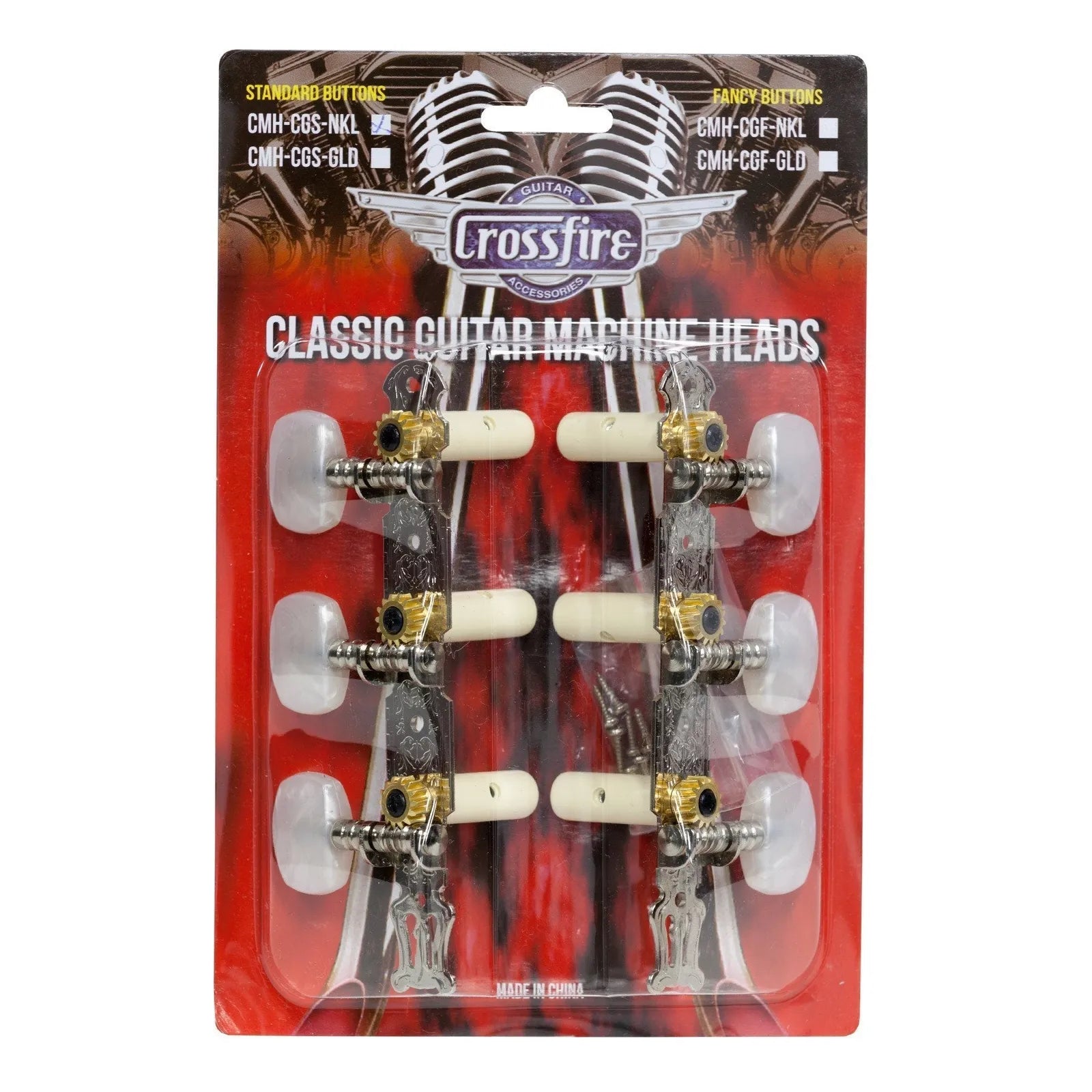 Crossfire Classical Guitar Machine Head Set - Nickel Plated Tuners with Oval Buttons