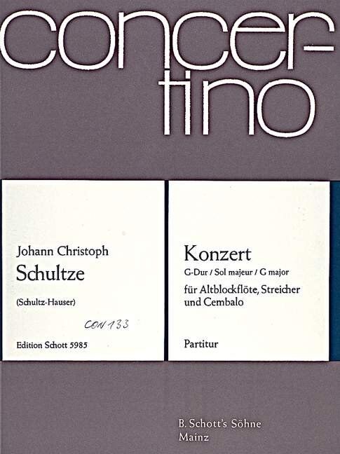 Schultze Concerto G Major Full Score for Recorder, String Orchestra, and Piano - 28 Pages