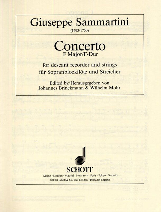 Sammartini Concerto in F for Descant Recorder & Strings, Schott Music, 117 Pages