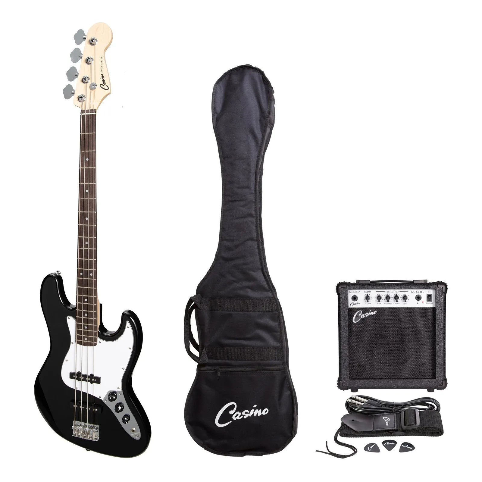 Casino J-Style Electric Bass Guitar Pack with 15 Watt Amplifier - Black