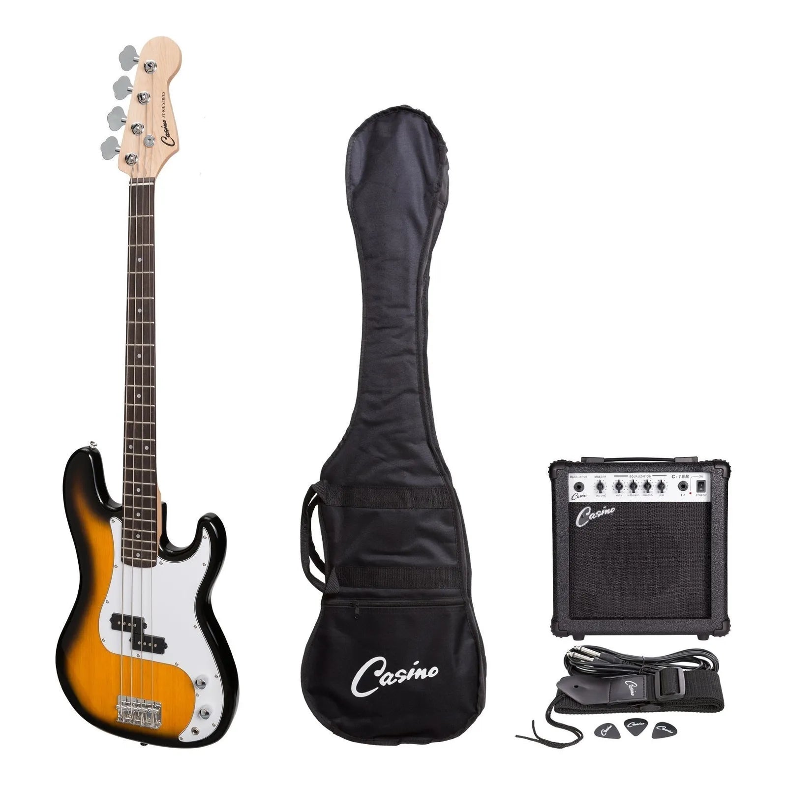 Casino CPB-21 Tobacco Burst P-Style Electric Bass Guitar and 15 Watt Amplifier Pack