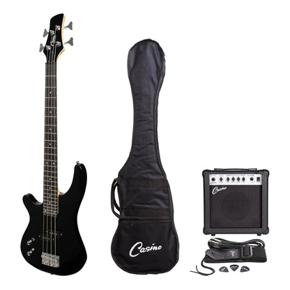 Casino '24 Series' Left Handed Short Scale Electric Bass Guitar Pack with 15W Amplifier - Black