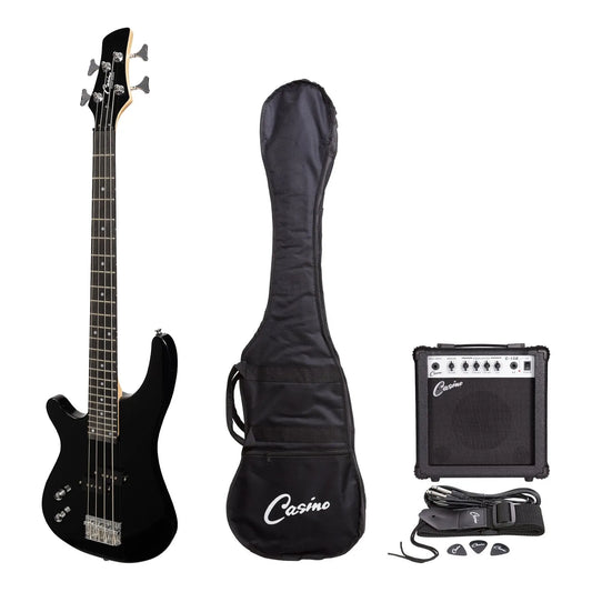 Casino '24 Series' Left Handed Short Scale Electric Bass Guitar Pack with 15W Amplifier - Black