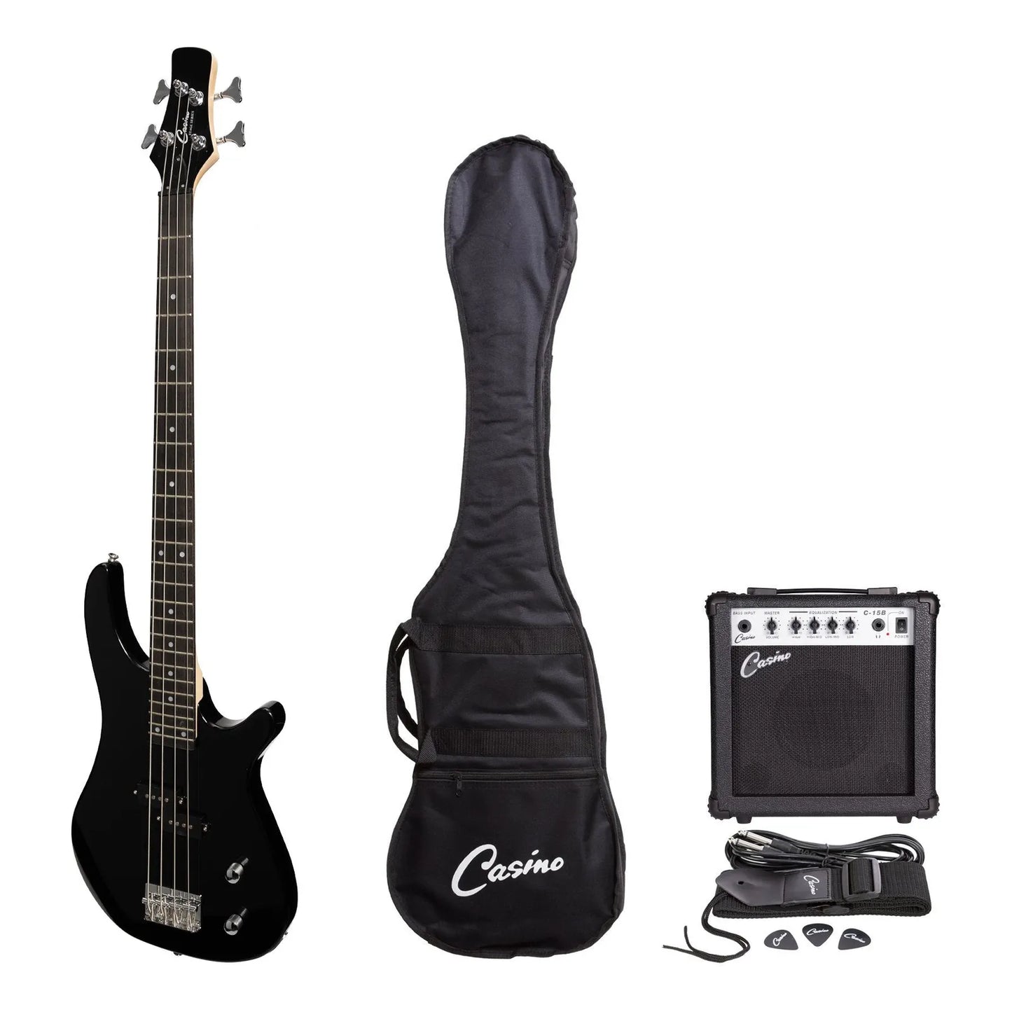 Casino CTB-24-BLK Electric Bass Guitar Pack with 15 Watt Amplifier, Gig Bag, Strap, Lead, Picks, and Tuner - Black T-Style