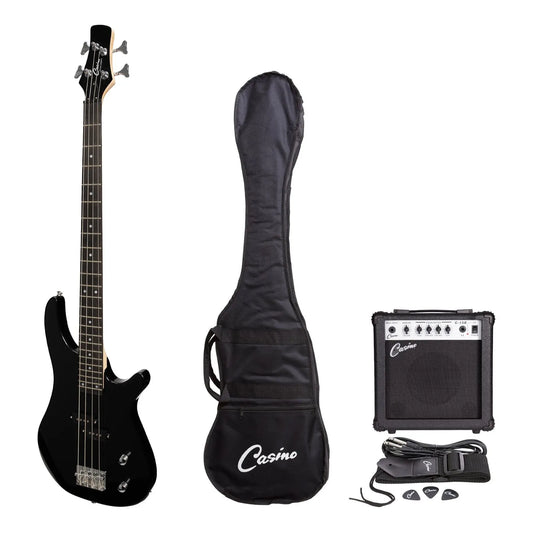 Casino CTB-24-BLK Electric Bass Guitar Pack with 15 Watt Amplifier, Gig Bag, Strap, Lead, Picks, and Tuner - Black T-Style