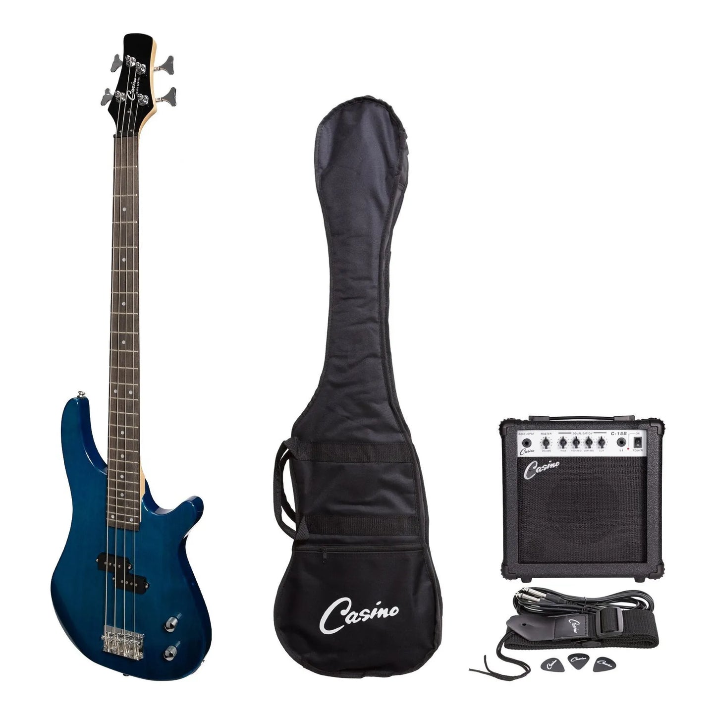 Casino CTB-24-TBL Tune-Style Electric Bass Guitar with 15W Amplifier Pack - Transparent Blue