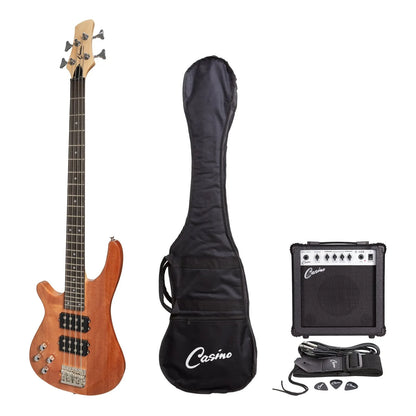 Casino '24 Series' Left Handed Mahogany T-Style Electric Bass Guitar Pack with 15 Watt Amplifier (Natural Gloss)