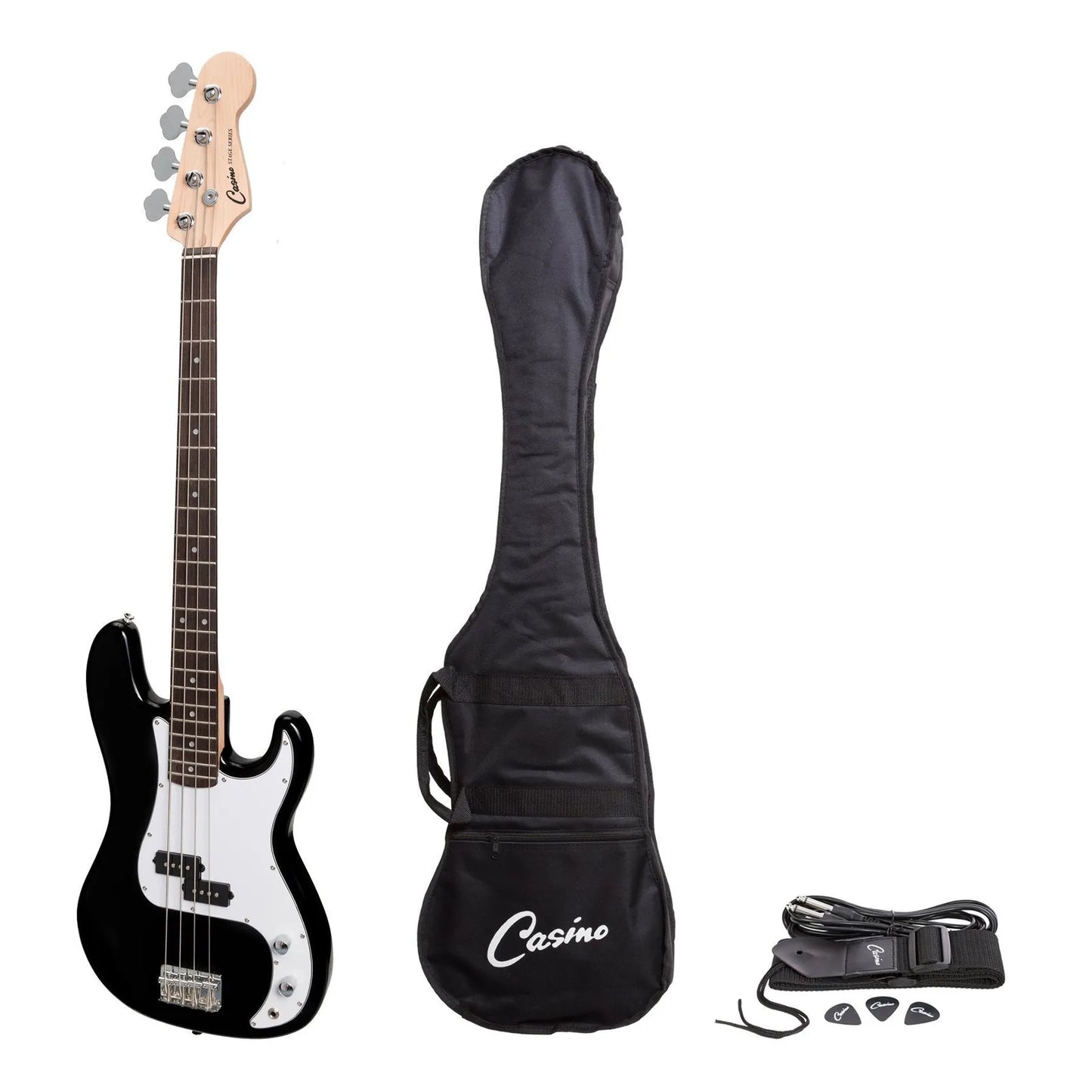 Casino CPB-21 P-Style Electric Bass Guitar Black with Gig Bag, Tuner, Strap, Lead, Picks