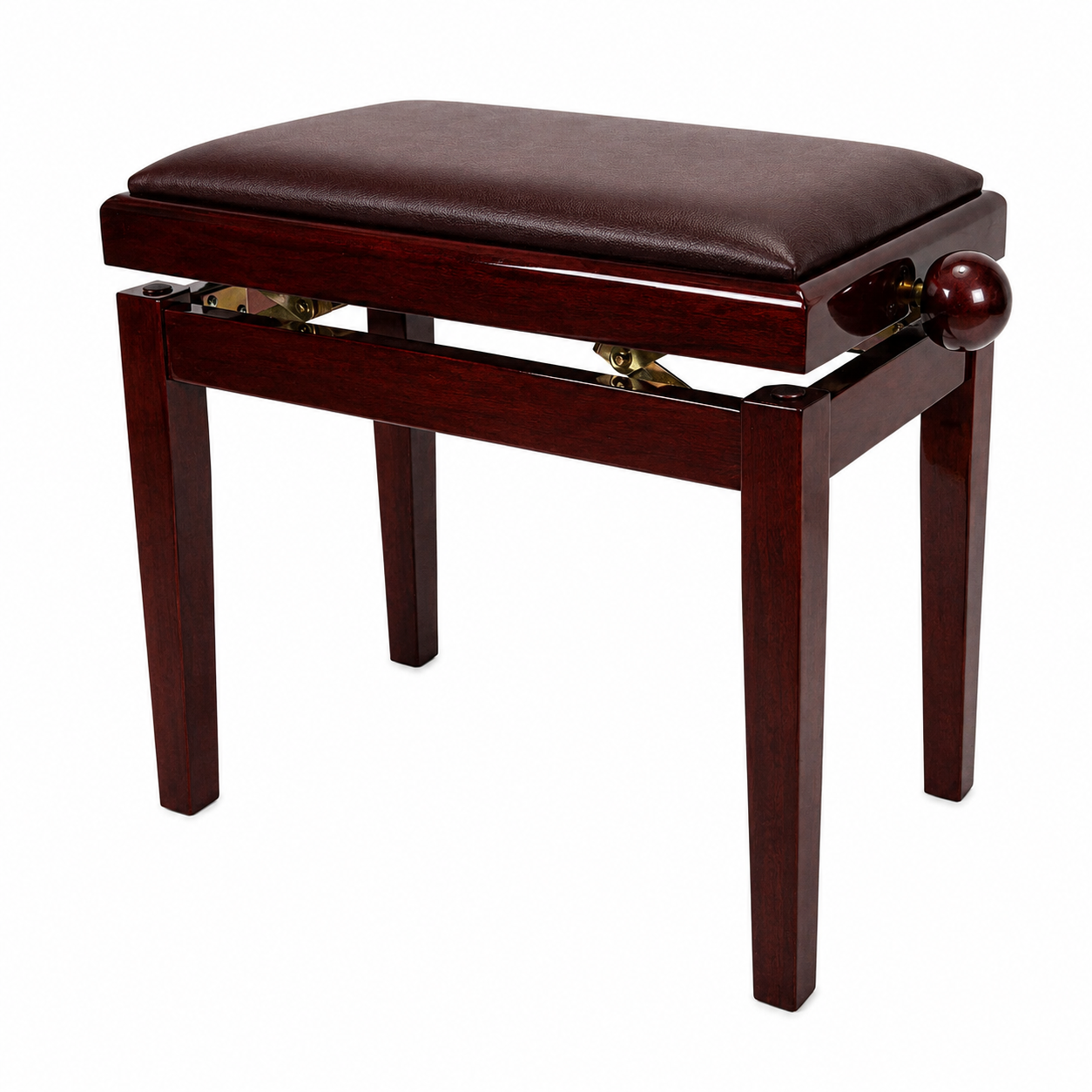 Crown Timber Trim Height Adjustable Piano Stool with Faux Leather - Mahogany Finish
