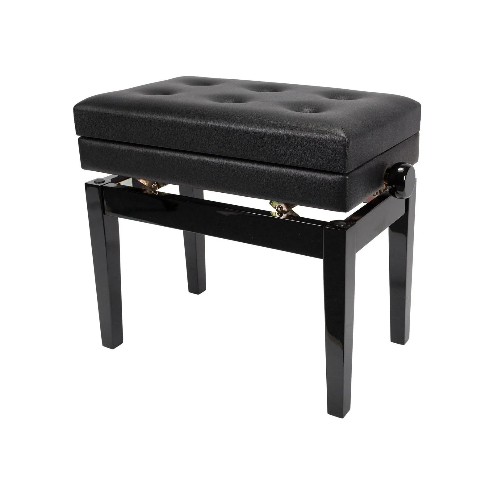 Crown Deluxe Adjustable Piano Stool with Storage Compartment, Black Faux Leather, Tufted Design, CPS-6AS-BLK