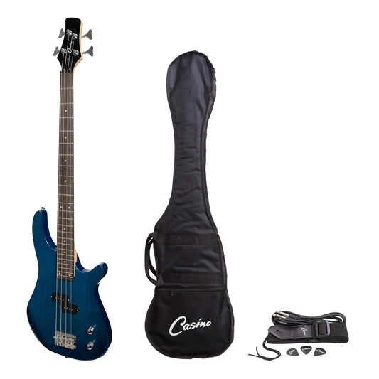 Casino CTB-24-TBL Electric Bass Guitar Set T-Style Transparent Blue with Gig Bag, Strap, Lead, and Picks