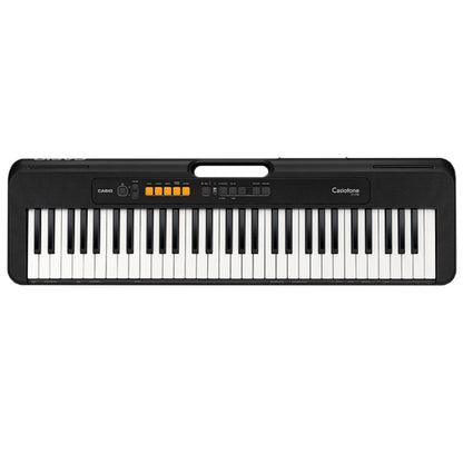 Casio CT-S100 in black from above: 61 keys, orange tone buttons and the moulded carry handle