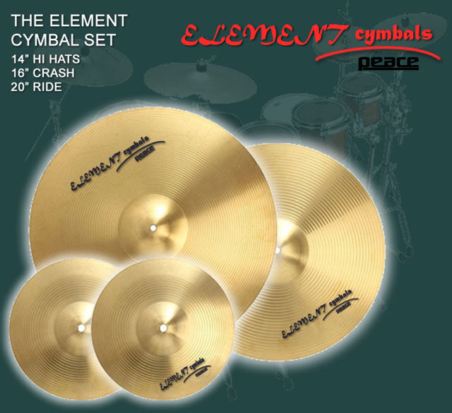 Peace Element Brass Cymbal Set - 14" Hi-Hats, 16" Crash, 20" Ride