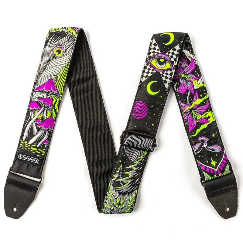Dunlop 2" Jacquard Night Trip Blacklight Guitar Strap with leather ends and metal buckles