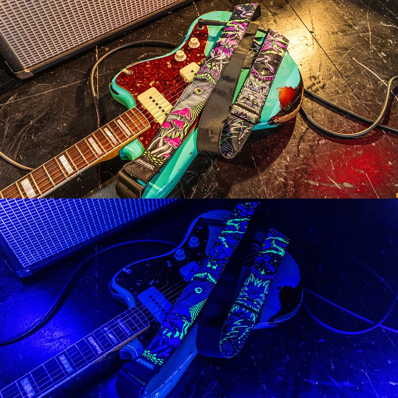 Dunlop 2" Jacquard Night Trip Blacklight Guitar Strap with leather ends and metal buckles — view 3