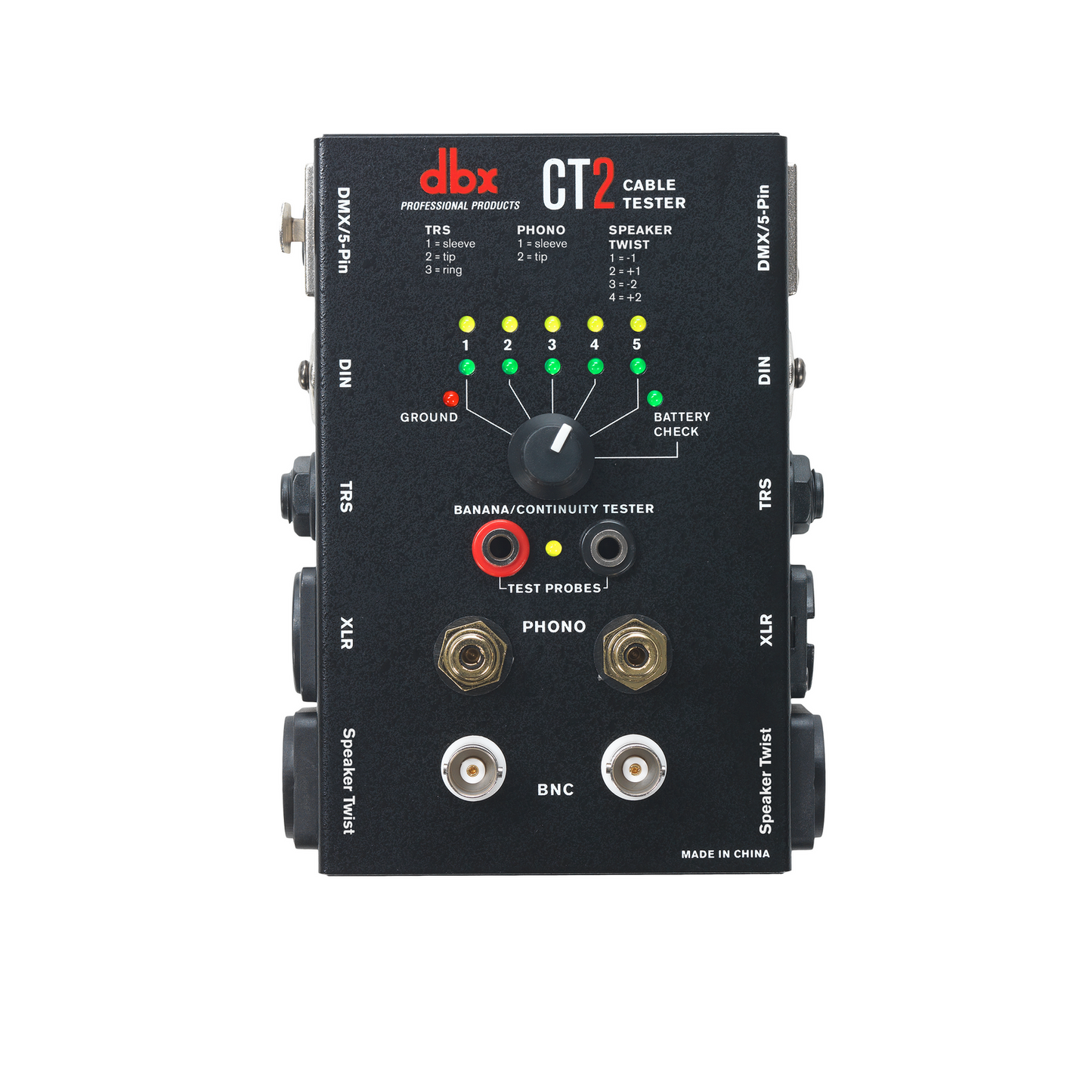 dbx CT2 Cable Tester - Multi-Connector Audio Cable Testing Unit with LED Indicators, Rotary Dial, Supports XLR, TRS, Phono, & More