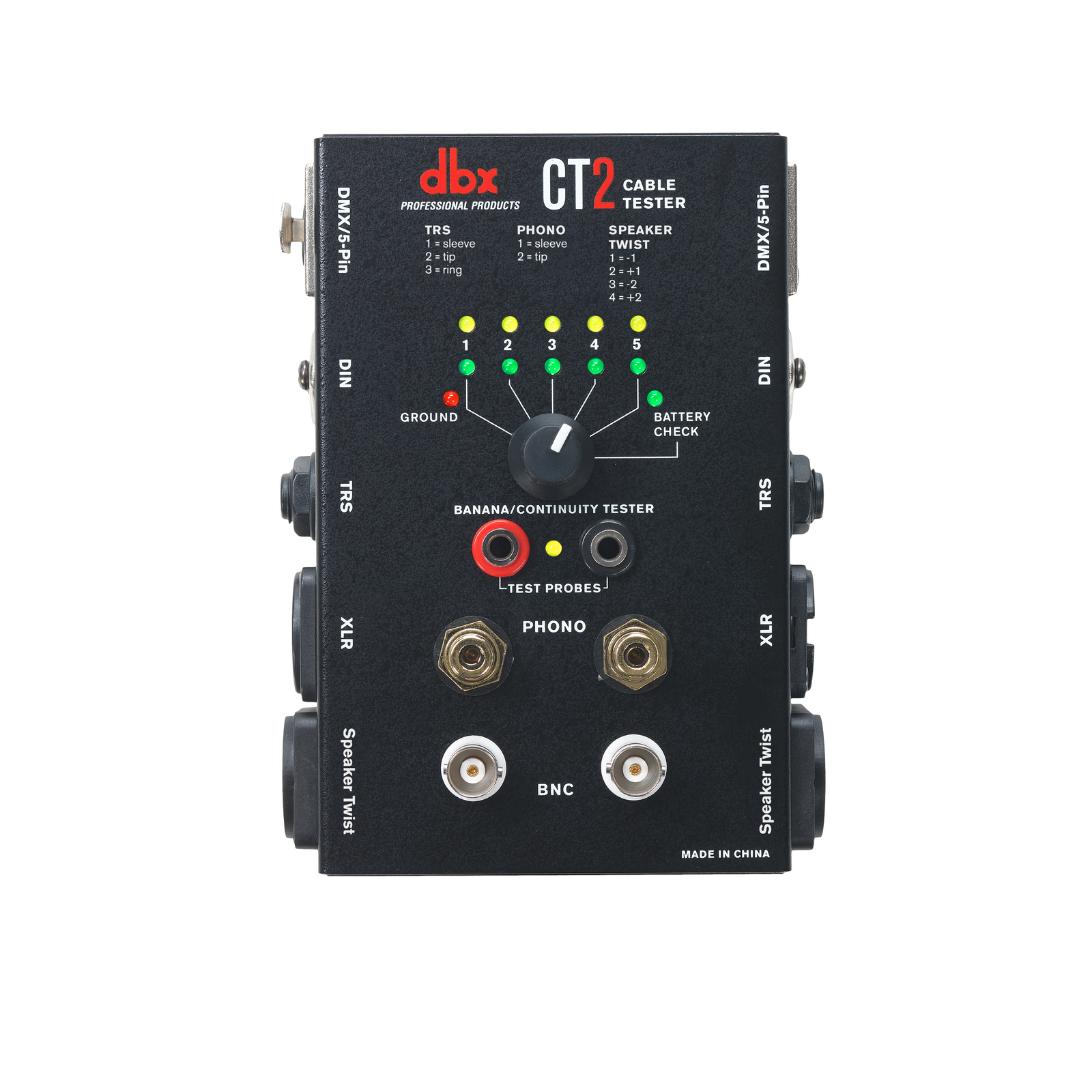 dbx CT2 Cable Tester - Multi-Connector Audio Cable Testing Unit with LED Indicators, Rotary Dial, Supports XLR, TRS, Phono, & More