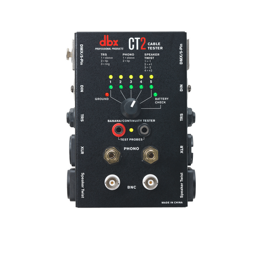 dbx CT2 Cable Tester - Multi-Connector Audio Cable Testing Unit with LED Indicators, Rotary Dial, Supports XLR, TRS, Phono, & More