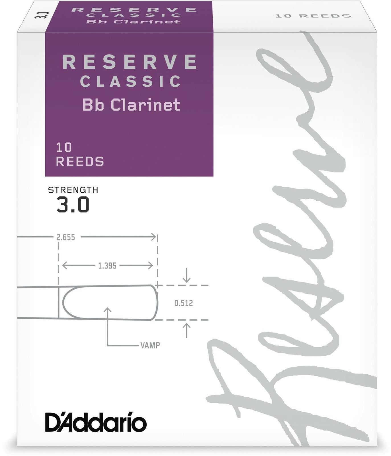 D'Addario Reserve Classic Bb Clarinet Reeds, Strength 3.0, 10-pack
