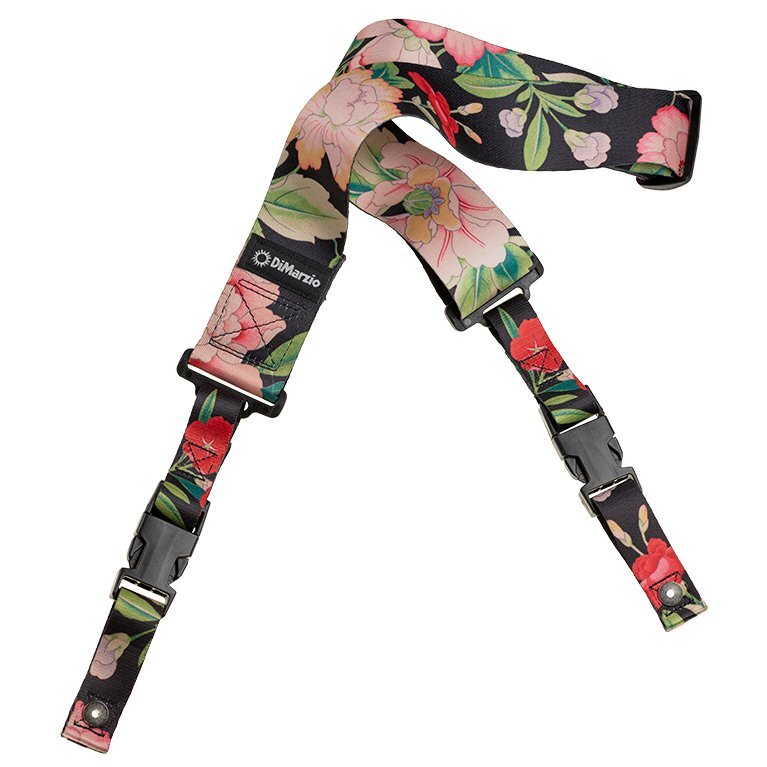 DiMARZIO Botanical pattern over a black background. Steve Vai Botanical 2 inch Cliplock nylon guitar strap.
