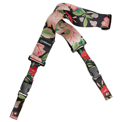 DiMARZIO Botanical pattern over a black background. Steve Vai Botanical 2 inch Cliplock nylon guitar strap.