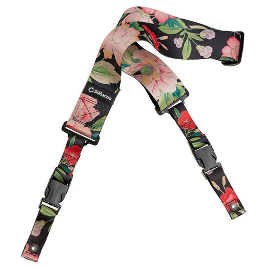 DiMARZIO Botanical pattern over a black background. Steve Vai Botanical 2 inch Cliplock nylon guitar strap.