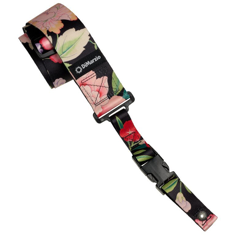 DiMARZIO Botanical pattern over a black background. Steve Vai Botanical 2 inch Cliplock nylon guitar strap. — view 2