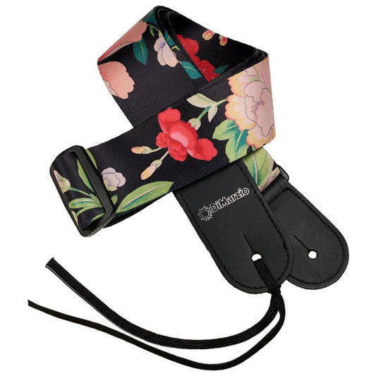 DiMARZIO Botanical pattern over a black background. Steve Vai Botanical 2 inch nylon guitar strap.