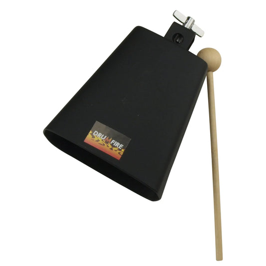 Drumfire DFP-CWB14-BLK Metal Cowbell with Mounting Bracket and Wooden Beater, 14cm, Black Finish