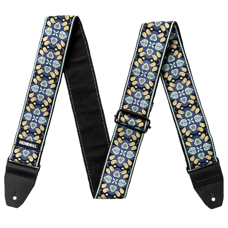 Dunlop Jimi Hendrix Foliate Guitar Strap 2-inch adjustable jacquard weaving black backing leather ends metal buckles blue cream